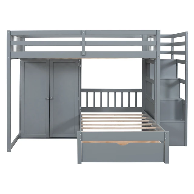 Alt view image 7 of 7 - Full Over Twin Bunk Bed with Wardrobe, Drawers, Gray