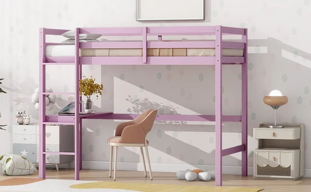 Alt view image 6 of 7 - Twin High Loft Bed, Rubber Wood Loft Bed with Safety Guardrail, built-in desk, ladder,Pink