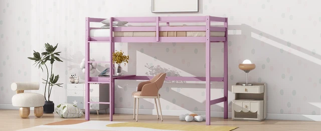 Alt view image 7 of 7 - Twin High Loft Bed, Rubber Wood Loft Bed with Safety Guardrail, built-in desk, ladder,Pink