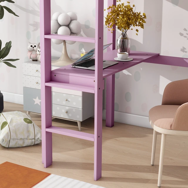 Alt view image 4 of 7 - Twin High Loft Bed, Rubber Wood Loft Bed with Safety Guardrail, built-in desk, ladder,Pink