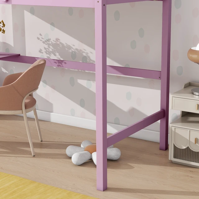 Alt view image 5 of 7 - Twin High Loft Bed, Rubber Wood Loft Bed with Safety Guardrail, built-in desk, ladder,Pink