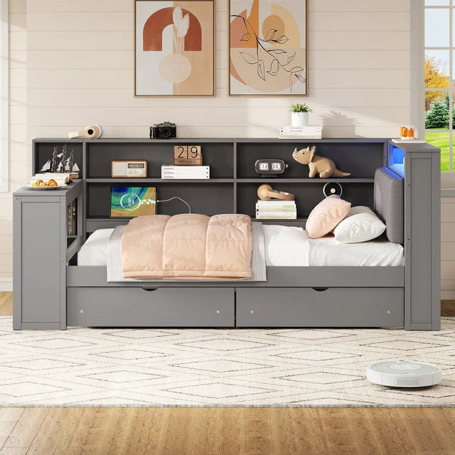 Alt view image 2 of 7 - Wood Twin Size Platform Bed with Storage Shelves, Drawers, Charging Station, LED, Desk and Upholstered Headboard, Grey+ Grey Cushion