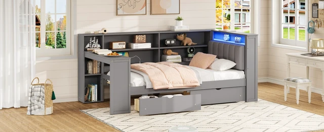 Alt view image 7 of 7 - Wood Twin Size Platform Bed with Storage Shelves, Drawers, Charging Station, LED, Desk and Upholstered Headboard, Grey+ Grey Cushion
