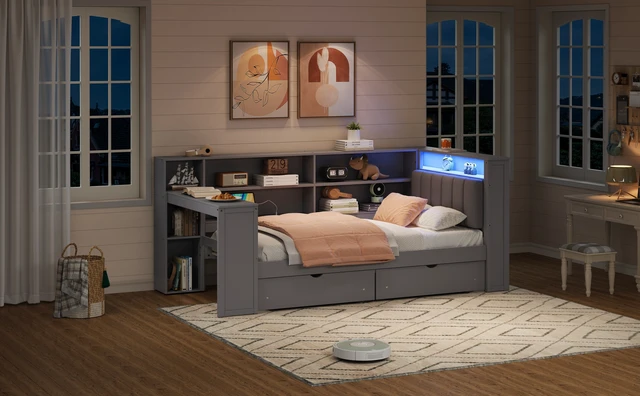 Alt view image 5 of 7 - Wood Twin Size Platform Bed with Storage Shelves, Drawers, Charging Station, LED, Desk and Upholstered Headboard, Grey+ Grey Cushion