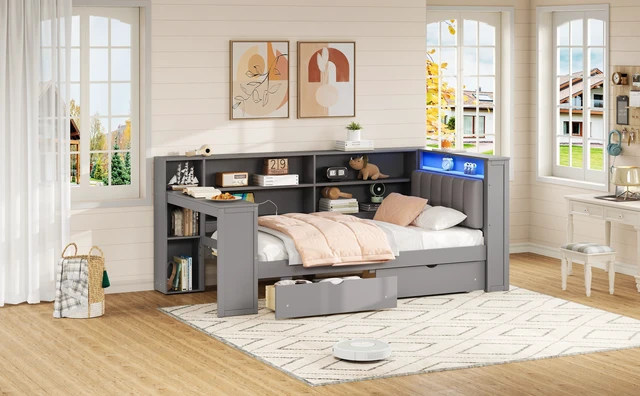 Alt view image 4 of 7 - Wood Twin Size Platform Bed with Storage Shelves, Drawers, Charging Station, LED, Desk and Upholstered Headboard, Grey+ Grey Cushion