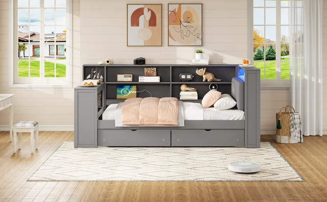 Alt view image 6 of 7 - Wood Twin Size Platform Bed with Storage Shelves, Drawers, Charging Station, LED, Desk and Upholstered Headboard, Grey+ Grey Cushion