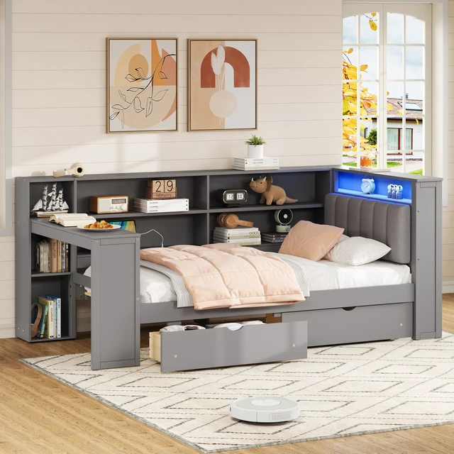 Alt view image 3 of 7 - Wood Twin Size Platform Bed with Storage Shelves, Drawers, Charging Station, LED, Desk and Upholstered Headboard, Grey+ Grey Cushion