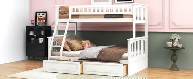 Alt view image 7 of 7 - Twin over Full Bunk Bed with Drawers, Convertible Beds, White