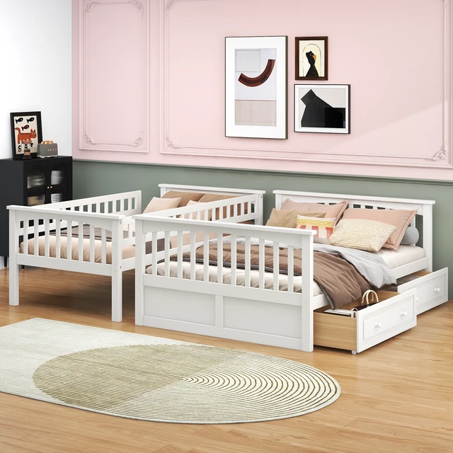 Alt view image 2 of 7 - Twin over Full Bunk Bed with Drawers, Convertible Beds, White