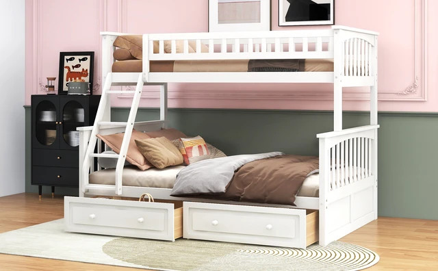 Alt view image 4 of 7 - Twin over Full Bunk Bed with Drawers, Convertible Beds, White