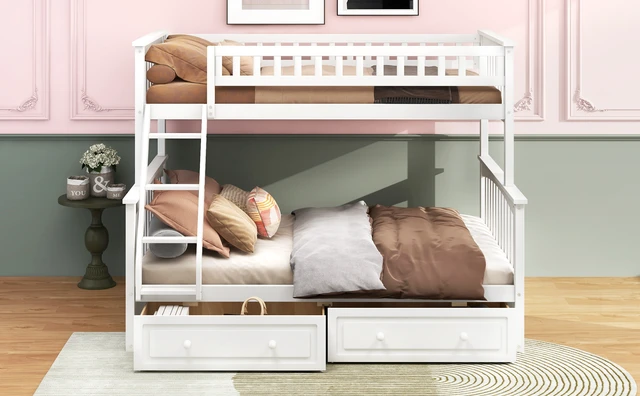 Alt view image 5 of 7 - Twin over Full Bunk Bed with Drawers, Convertible Beds, White
