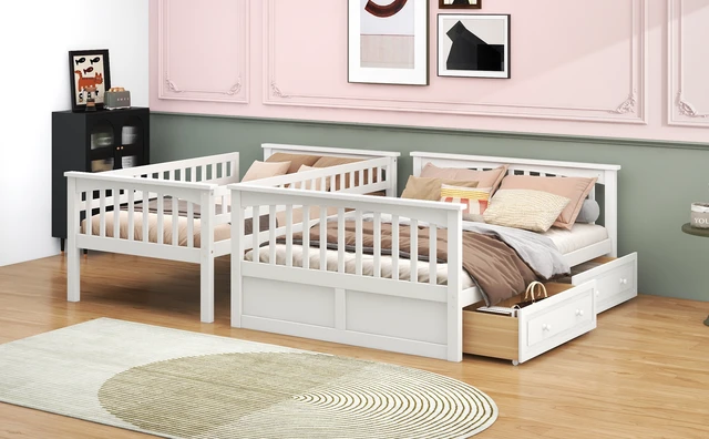 Alt view image 6 of 7 - Twin over Full Bunk Bed with Drawers, Convertible Beds, White