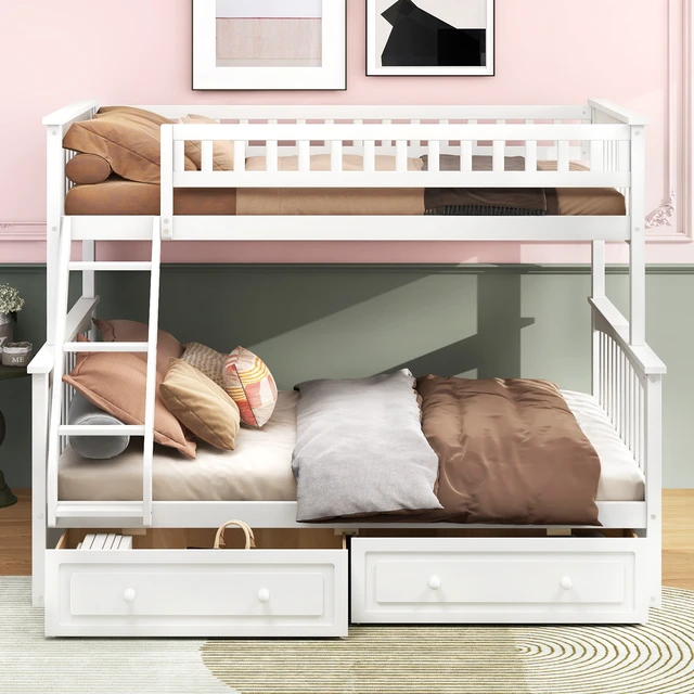 Alt view image 3 of 7 - Twin over Full Bunk Bed with Drawers, Convertible Beds, White