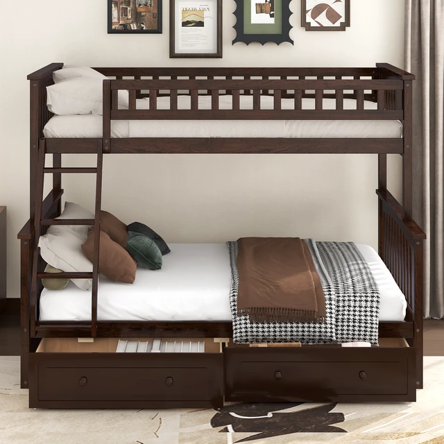 Alt view image 2 of 7 - Twin over Full Bunk Bed with Drawers, Convertible Beds, Espresso