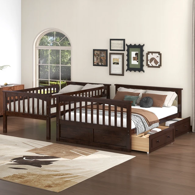 Alt view image 3 of 7 - Twin over Full Bunk Bed with Drawers, Convertible Beds, Espresso