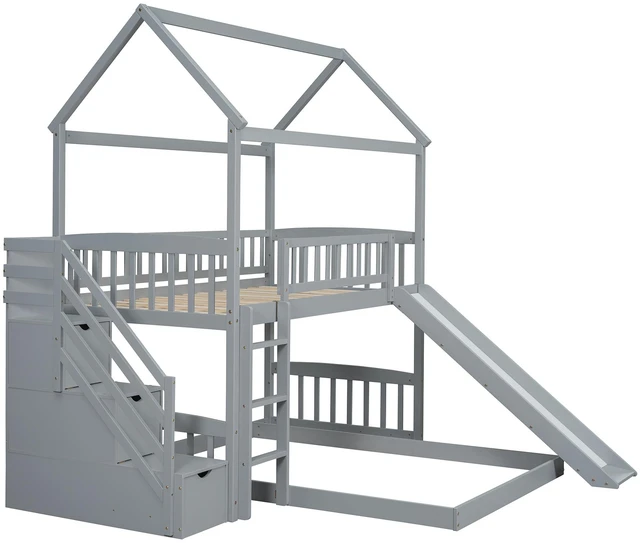 Alt view image 4 of 7 - Twin Over Full Bunk Bed with Slide, House Bed with Slide, Gray
