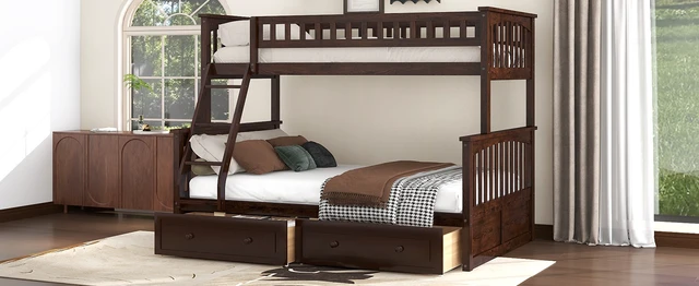 Alt view image 7 of 7 - Twin over Full Bunk Bed with Drawers, Convertible Beds, Espresso