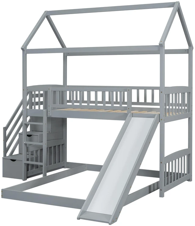 Alt view image 5 of 7 - Twin Over Full Bunk Bed with Slide, House Bed with Slide, Gray
