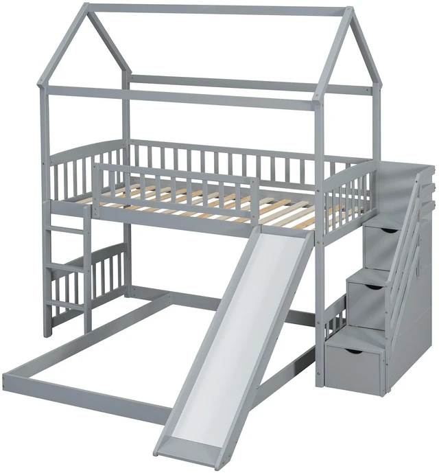 Alt view image 6 of 7 - Twin Over Full Bunk Bed with Slide, House Bed with Slide, Gray