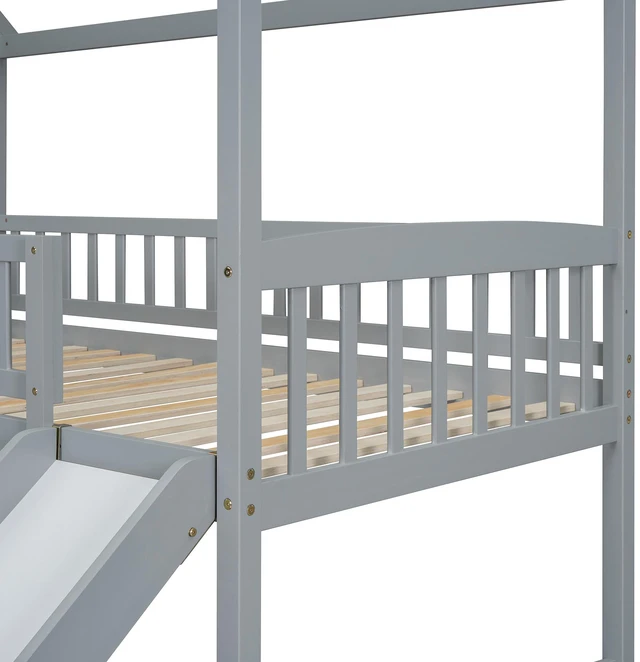 Alt view image 7 of 7 - Twin Over Full Bunk Bed with Slide, House Bed with Slide, Gray