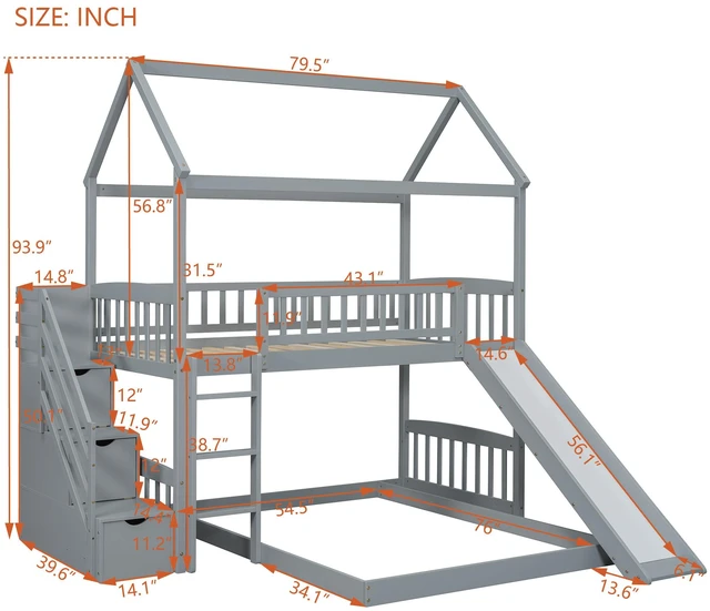Alt view image 3 of 7 - Twin Over Full Bunk Bed with Slide, House Bed with Slide, Gray