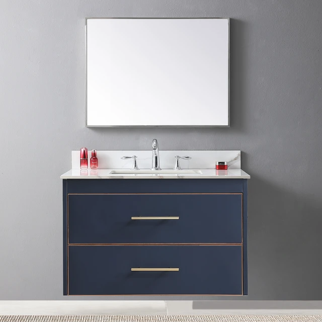 Alt view image 2 of 7 - Montary 37inch bathroom vanity top stone carrara gold new style tops with rectangle undermount ceramic sink and 3 faucet hole for bathroom cabinet
