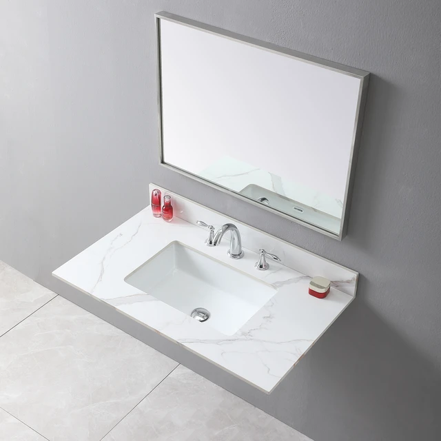 Alt view image 3 of 7 - Montary 37inch bathroom vanity top stone carrara gold new style tops with rectangle undermount ceramic sink and 3 faucet hole for bathroom cabinet