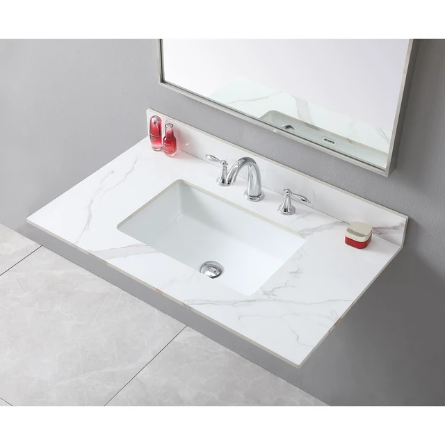 Alt view image 5 of 7 - Montary 37inch bathroom vanity top stone carrara gold new style tops with rectangle undermount ceramic sink and 3 faucet hole for bathroom cabinet