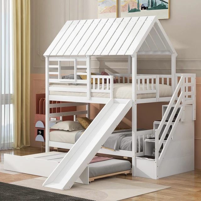 Main image of Twin over Twin House Bunk Bed with Trundle and Slide, Storage Staircase, Roof and Window Design, White