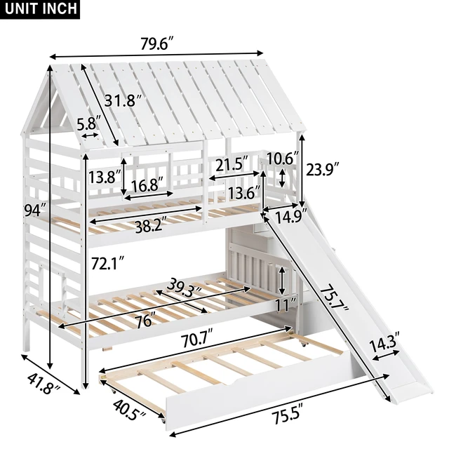 Alt view image 4 of 7 - Twin over Twin House Bunk Bed with Trundle and Slide, Storage Staircase, Roof and Window Design, White