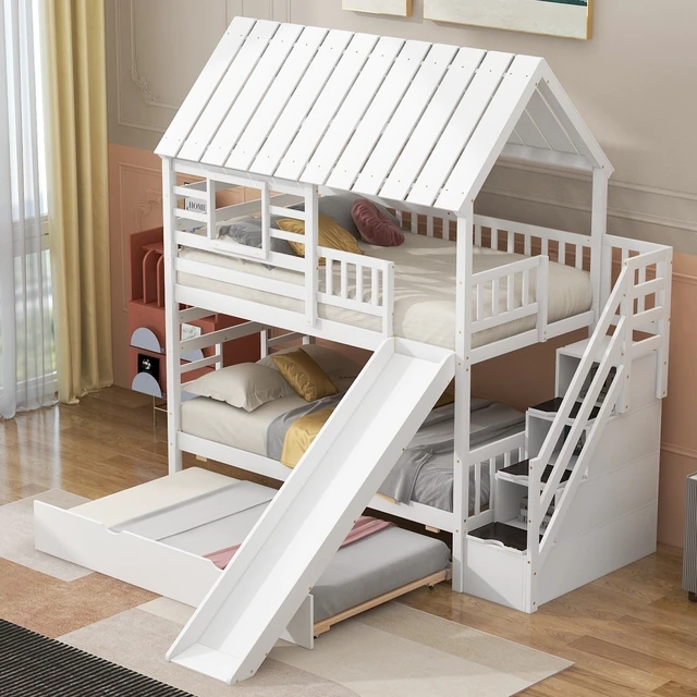 Alt view image 2 of 7 - Twin over Twin House Bunk Bed with Trundle and Slide, Storage Staircase, Roof and Window Design, White