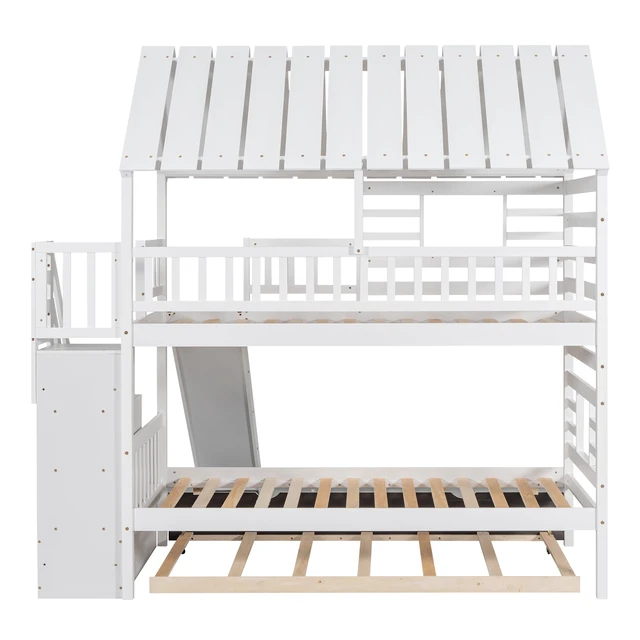 Alt view image 7 of 7 - Twin over Twin House Bunk Bed with Trundle and Slide, Storage Staircase, Roof and Window Design, White