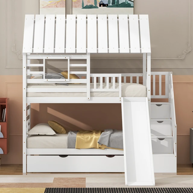Alt view image 3 of 7 - Twin over Twin House Bunk Bed with Trundle and Slide, Storage Staircase, Roof and Window Design, White