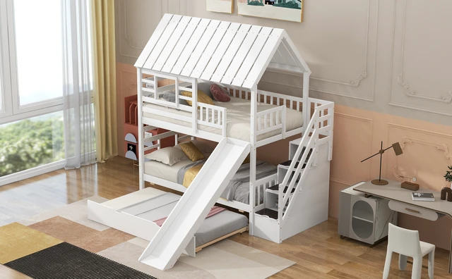 Alt view image 5 of 7 - Twin over Twin House Bunk Bed with Trundle and Slide, Storage Staircase, Roof and Window Design, White