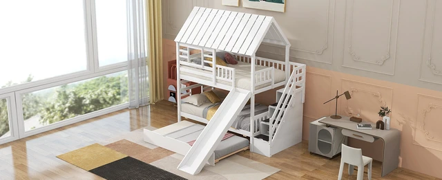 Alt view image 6 of 7 - Twin over Twin House Bunk Bed with Trundle and Slide, Storage Staircase, Roof and Window Design, White