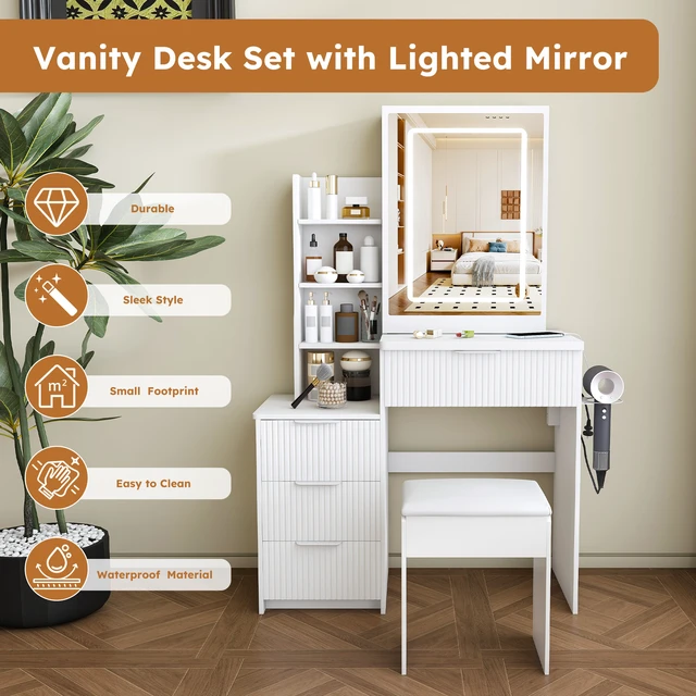 Alt view image 5 of 7 - Modern Vanity Desk ,featuring 3 modes of LED lighting with adjustable brightness , with 4 drawers and multiple open storage shelves, with a hair dryer holder and power socket, a dressing chair.white