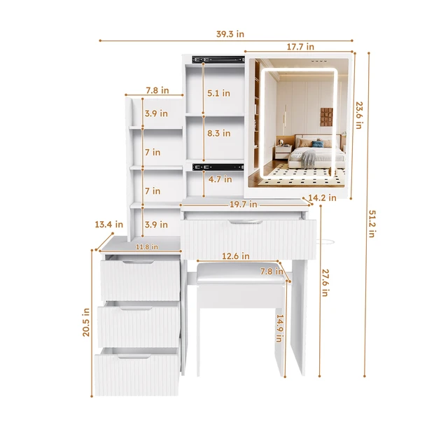 Alt view image 4 of 7 - Modern Vanity Desk ,featuring 3 modes of LED lighting with adjustable brightness , with 4 drawers and multiple open storage shelves, with a hair dryer holder and power socket, a dressing chair.white