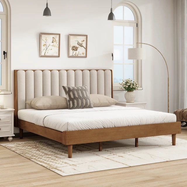 Alt view image 3 of 7 - King Size Wood Bed with Piano Key Style Upholstered Headboard , Wood Bed with Strengthened Bed Frame ,Wheat