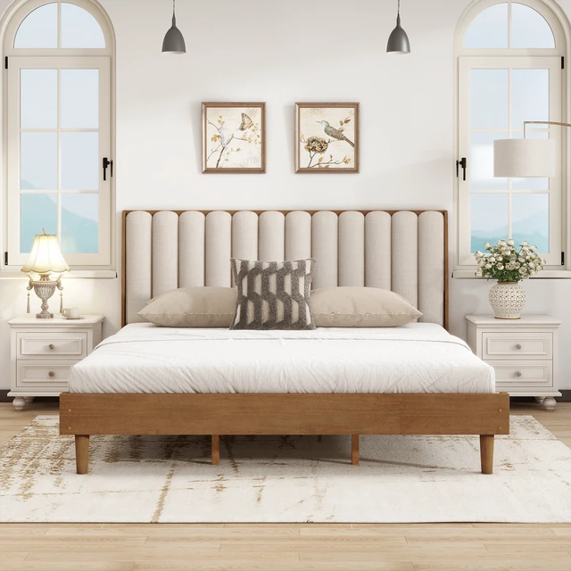 Alt view image 2 of 7 - King Size Wood Bed with Piano Key Style Upholstered Headboard , Wood Bed with Strengthened Bed Frame ,Wheat