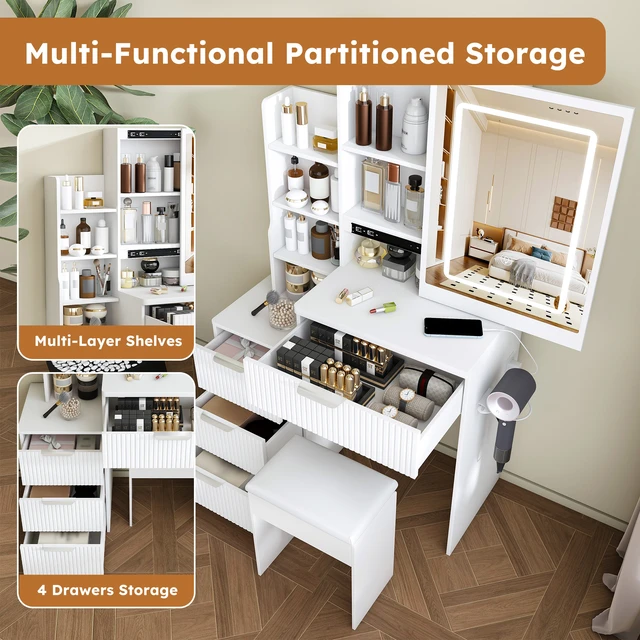 Alt view image 7 of 7 - Modern Vanity Desk ,featuring 3 modes of LED lighting with adjustable brightness , with 4 drawers and multiple open storage shelves, with a hair dryer holder and power socket, a dressing chair.white