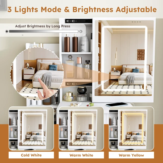 Alt view image 6 of 7 - Modern Vanity Desk ,featuring 3 modes of LED lighting with adjustable brightness , with 4 drawers and multiple open storage shelves, with a hair dryer holder and power socket, a dressing chair.white