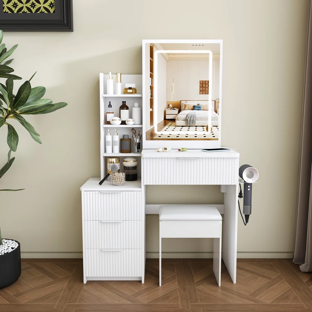 Alt view image 2 of 7 - Modern Vanity Desk ,featuring 3 modes of LED lighting with adjustable brightness , with 4 drawers and multiple open storage shelves, with a hair dryer holder and power socket, a dressing chair.white
