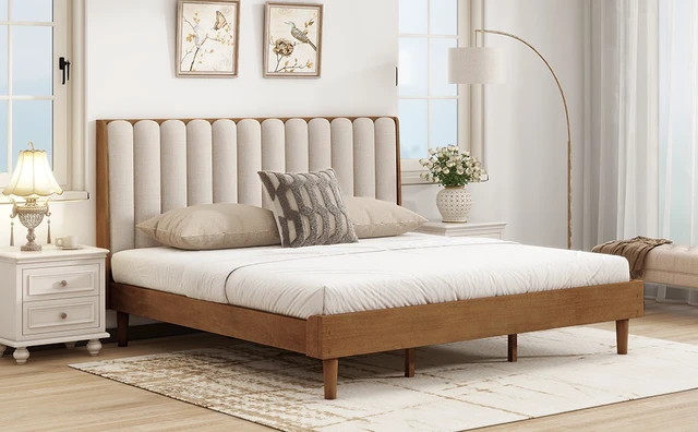 Alt view image 6 of 7 - King Size Wood Bed with Piano Key Style Upholstered Headboard , Wood Bed with Strengthened Bed Frame ,Wheat