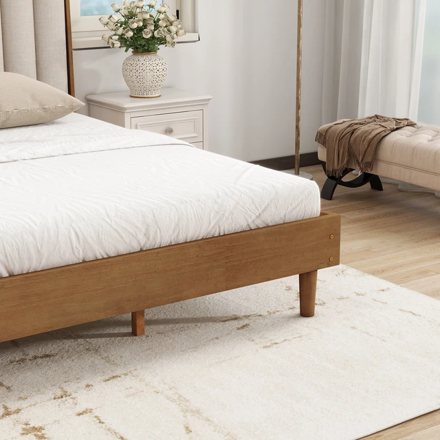 Alt view image 4 of 7 - King Size Wood Bed with Piano Key Style Upholstered Headboard , Wood Bed with Strengthened Bed Frame ,Wheat