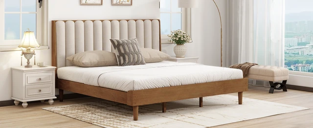 Alt view image 7 of 7 - King Size Wood Bed with Piano Key Style Upholstered Headboard , Wood Bed with Strengthened Bed Frame ,Wheat