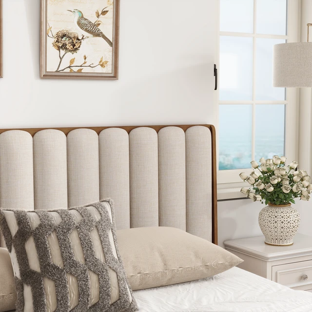 Alt view image 5 of 7 - King Size Wood Bed with Piano Key Style Upholstered Headboard , Wood Bed with Strengthened Bed Frame ,Wheat