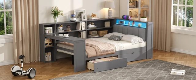 Alt view image 7 of 7 - Wood Full Size Platform Bed with Storage Shelves, Drawers, Charging Station, LED, Desk and Upholstered Headboard, Grey+ Grey Cushion