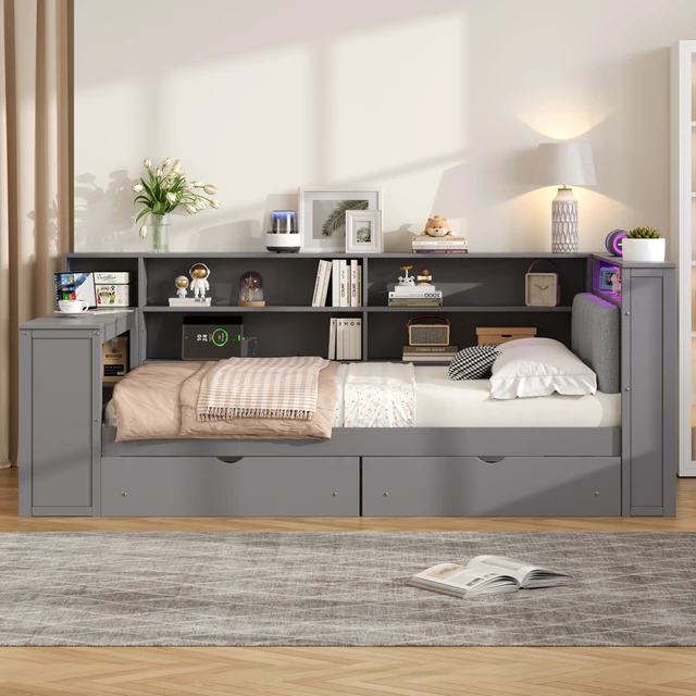 Alt view image 2 of 7 - Wood Full Size Platform Bed with Storage Shelves, Drawers, Charging Station, LED, Desk and Upholstered Headboard, Grey+ Grey Cushion