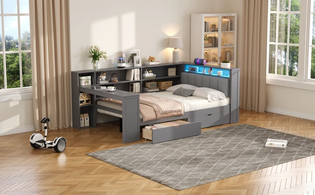 Alt view image 5 of 7 - Wood Full Size Platform Bed with Storage Shelves, Drawers, Charging Station, LED, Desk and Upholstered Headboard, Grey+ Grey Cushion
