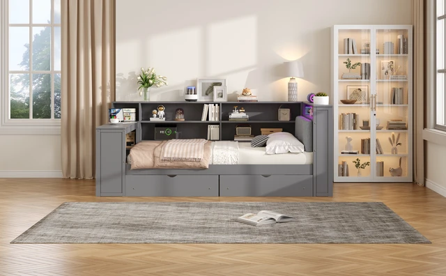Alt view image 4 of 7 - Wood Full Size Platform Bed with Storage Shelves, Drawers, Charging Station, LED, Desk and Upholstered Headboard, Grey+ Grey Cushion